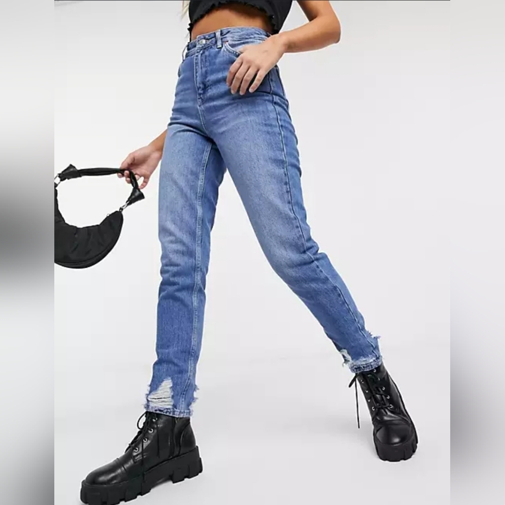 Topshop "Mom" Distressed Hem High Rise Straight Leg Blue Jeans | Women's Size 28 - Picture 3 of 14